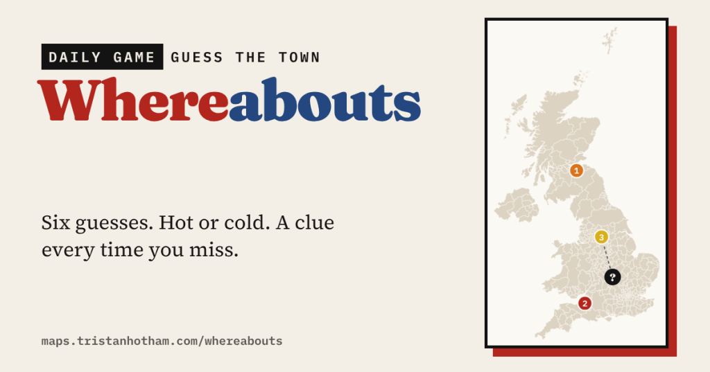 Whereabouts: a daily game to guess the mystery UK town. Six guesses, hot or cold, a clue every time you miss, with a map of the UK showing numbered guesses closing in.