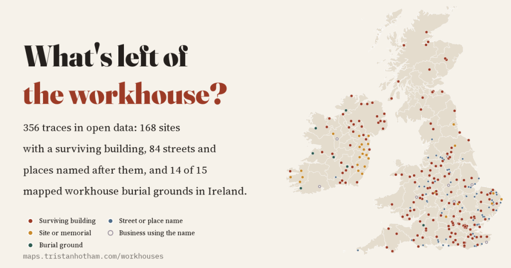 Title card reading 'What's left of the workhouse?' in black and brick red on cream, beside a map of Britain and Ireland dotted with 329 traces: brick red surviving buildings, ochre sites, dark green burial grounds mostly in Ireland, and slate blue Workhouse Lanes in eastern England.
