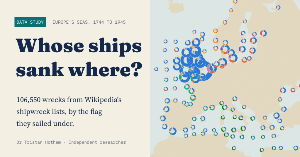 Whose ships sank where? Title card with a map of Europe's seas dotted with donut charts of shipwreck flags